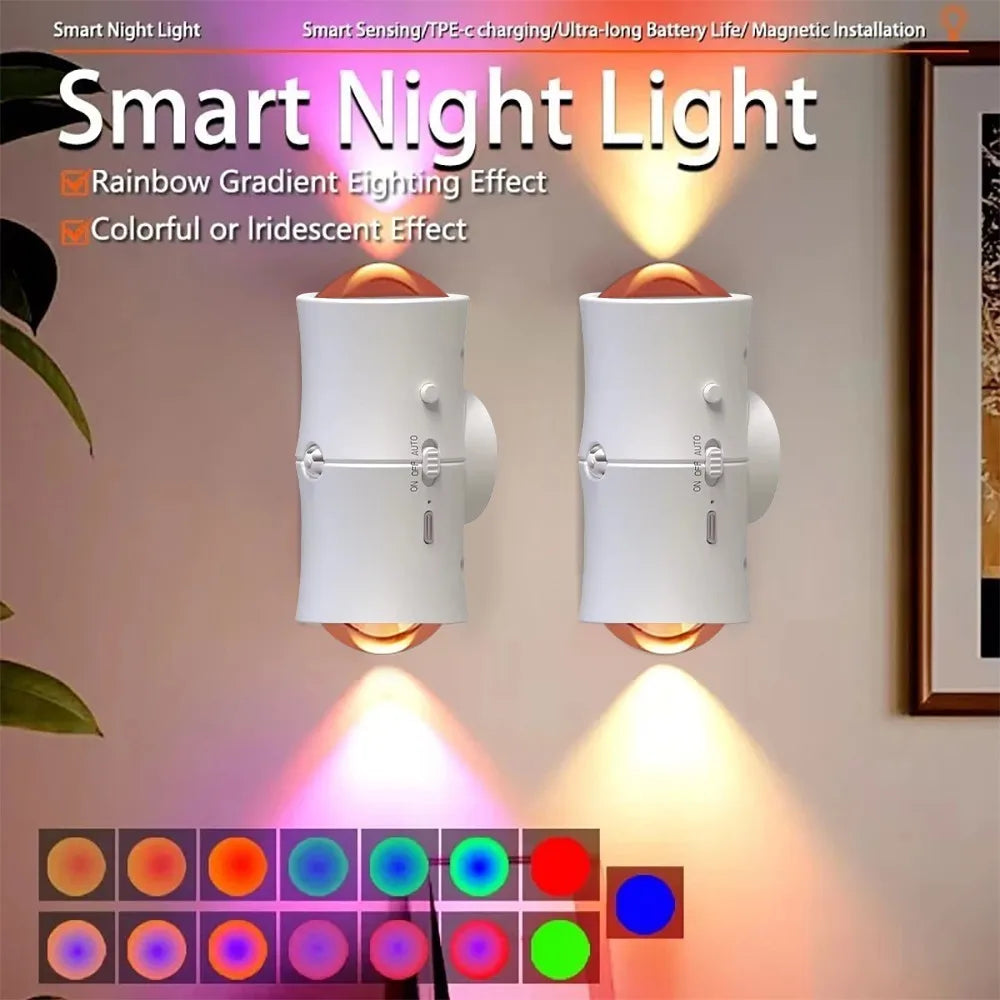 RGB 7colors Motion Sensor LED Night Light USB Charging Intelligent Human Induction Double Head Cabinet Lamp Kitchen Stairs Light