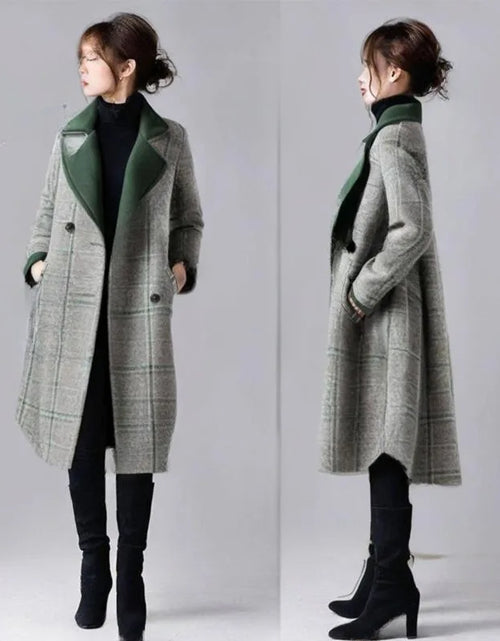 Load image into Gallery viewer, Small and Niche Personality Green Checkered with solid Lapel Mid Length Coat for Women
