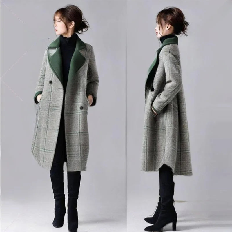 Small and Niche Personality Green Checkered with solid Lapel Mid Length Coat for Women