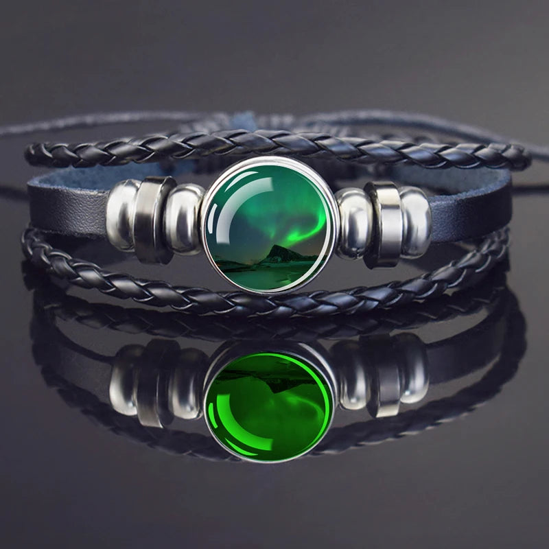 Steampunk Luminous Bracelet - Northern Lights Glass Cabochon Leather Bangle