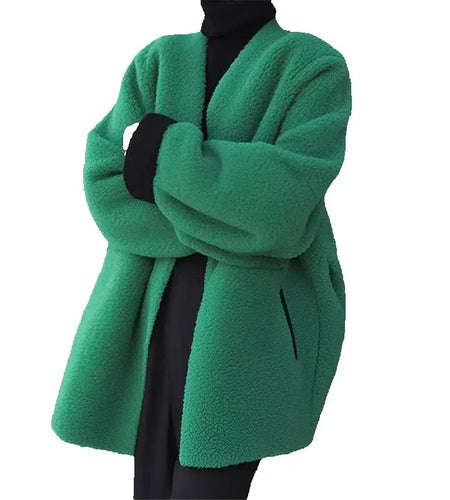 Women's Style Woolen Coat Green Lamb Wool Versatile Jacket Top Female Outerwear