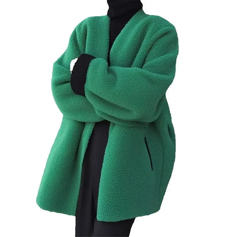 Women's Style Woolen Coat Green Lamb Wool Versatile Jacket Top Female Outerwear