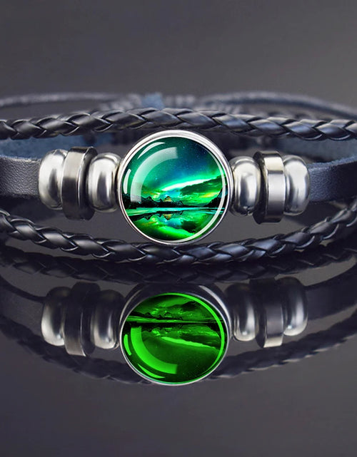 Load image into Gallery viewer, Steampunk Luminous Bracelet - Northern Lights Glass Cabochon Leather Bangle
