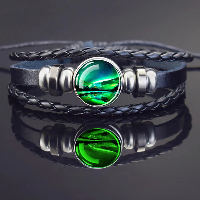 Steampunk Luminous Bracelet - Northern Lights Glass Cabochon Leather Bangle
