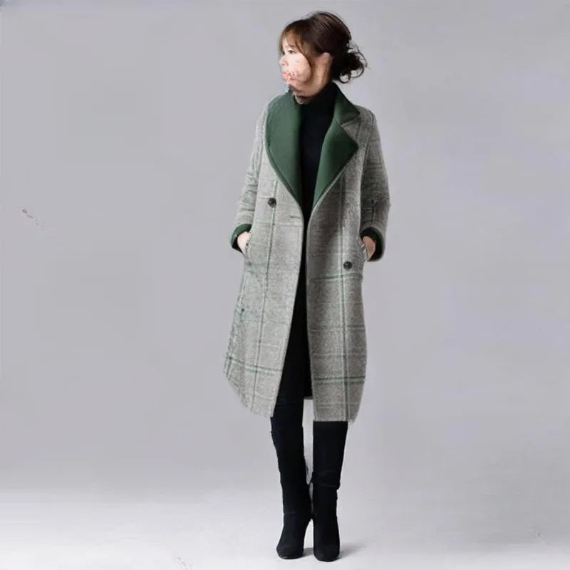Small and Niche Personality Green Checkered with solid Lapel Mid Length Coat for Women