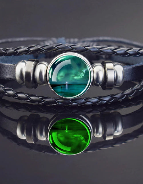 Load image into Gallery viewer, Steampunk Luminous Bracelet - Northern Lights Glass Cabochon Leather Bangle
