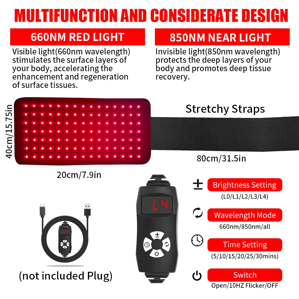 Red Light Therapy Pad for Waist Leg Arm Knee Feet Pain Relief 660nm 850nm Near Infrared Light Therapy Wrap with Elastic Strap