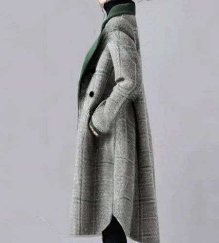 Small and Niche Personality Green Checkered with solid Lapel Mid Length Coat for Women