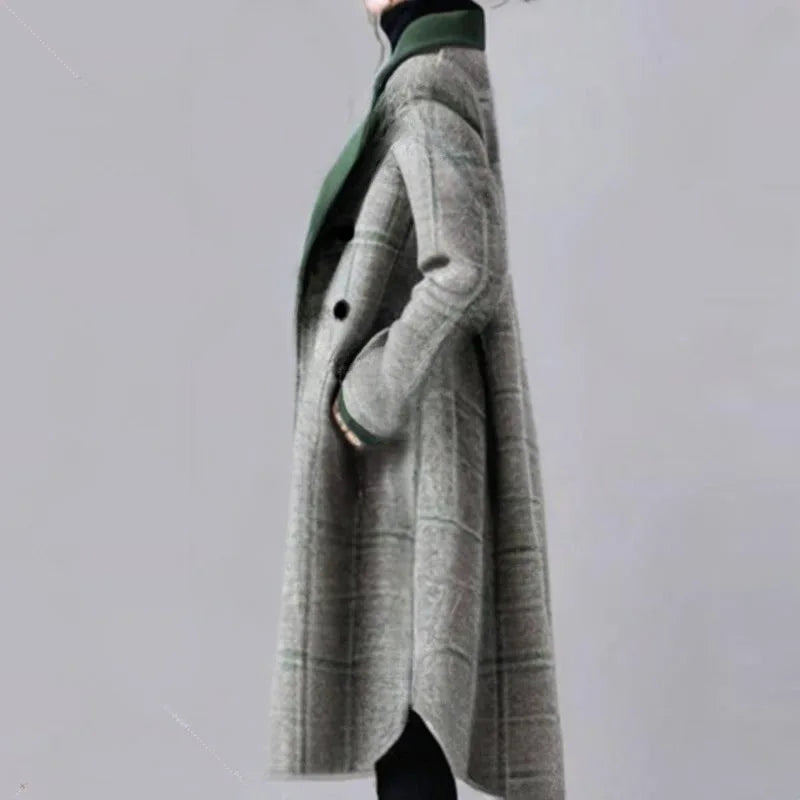 Small and Niche Personality Green Checkered with solid Lapel Mid Length Coat for Women