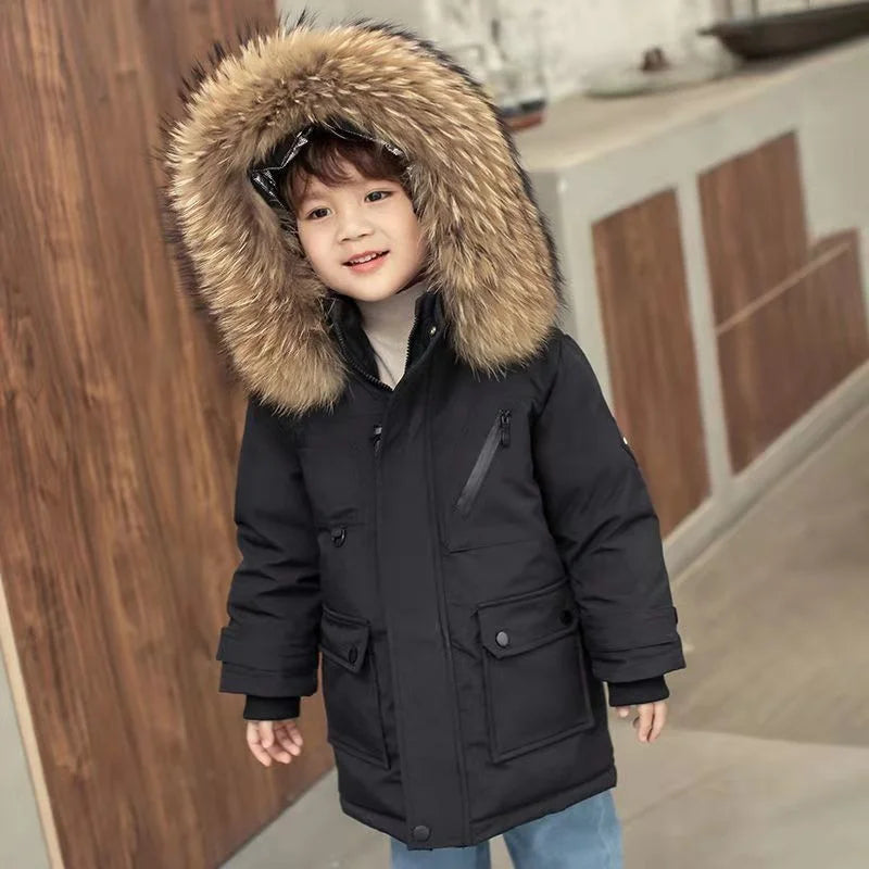 Premium Children's Winter Hooded Down Jacket - 80% White Duck Down Parka Coat for Kids 2-12 Years