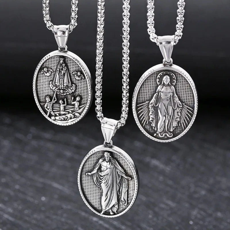 Vintage Christian Jesus Necklace for Men - Stainless Steel Coin Pendant