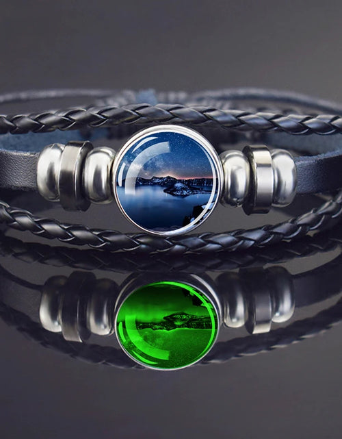 Load image into Gallery viewer, Steampunk Luminous Bracelet - Northern Lights Glass Cabochon Leather Bangle
