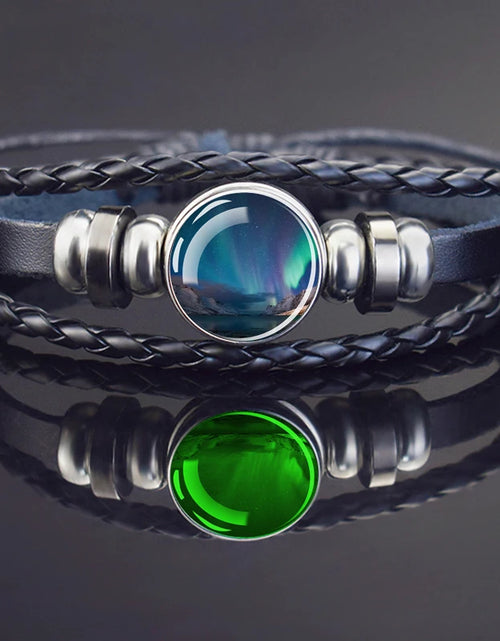 Load image into Gallery viewer, Steampunk Luminous Bracelet - Northern Lights Glass Cabochon Leather Bangle
