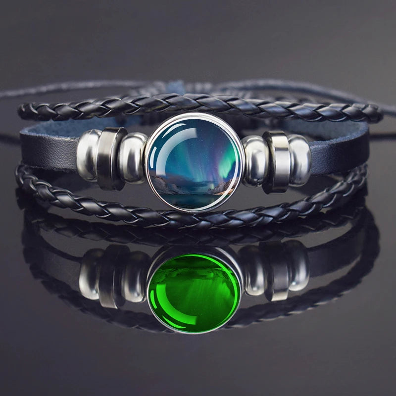 Steampunk Luminous Bracelet - Northern Lights Glass Cabochon Leather Bangle