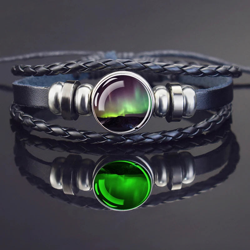 Steampunk Luminous Bracelet - Northern Lights Glass Cabochon Leather Bangle