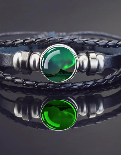 Load image into Gallery viewer, Steampunk Luminous Bracelet - Northern Lights Glass Cabochon Leather Bangle
