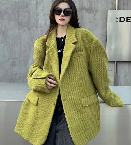 Insozkdg Mustard Green Woolen Women Jackets 2025 New Autumn Winter High-end Sense Loose Mid-length Casual Coat Women Clothing