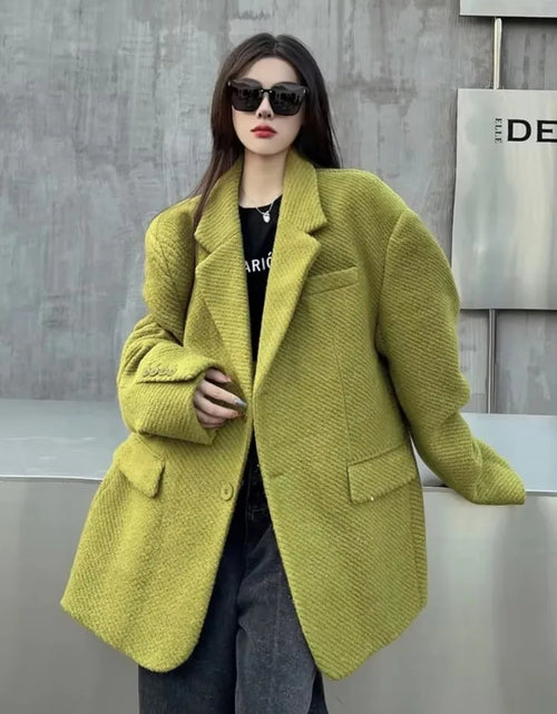 Load image into Gallery viewer, Insozkdg Mustard Green Woolen Women Jackets 2025 New Autumn Winter High-end Sense Loose Mid-length Casual Coat Women Clothing
