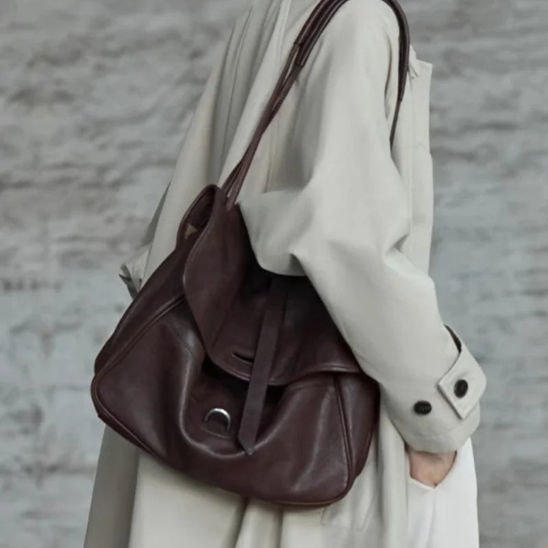 Two-layer Leather Handbag Vintage Crossbody Tote Bag for Commuting Large Capacity Messenger Bag for Women - Soft