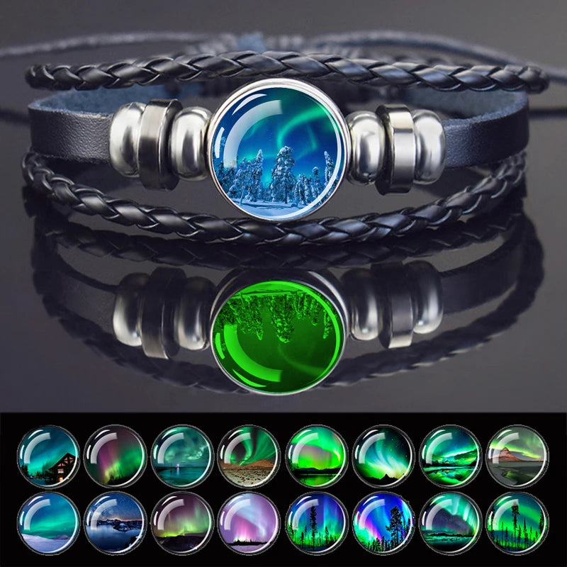 Steampunk Luminous Bracelet - Northern Lights Glass Cabochon Leather Bangle