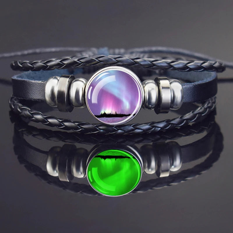 Steampunk Luminous Bracelet - Northern Lights Glass Cabochon Leather Bangle