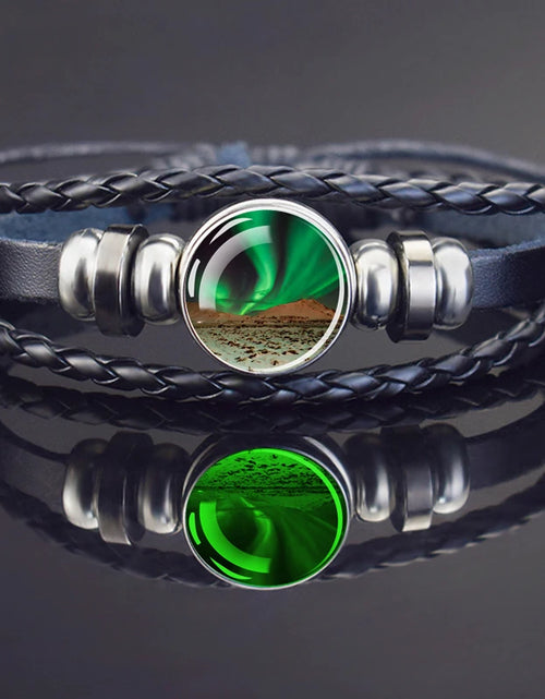 Load image into Gallery viewer, Steampunk Luminous Bracelet - Northern Lights Glass Cabochon Leather Bangle
