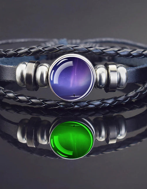 Load image into Gallery viewer, Steampunk Luminous Bracelet - Northern Lights Glass Cabochon Leather Bangle
