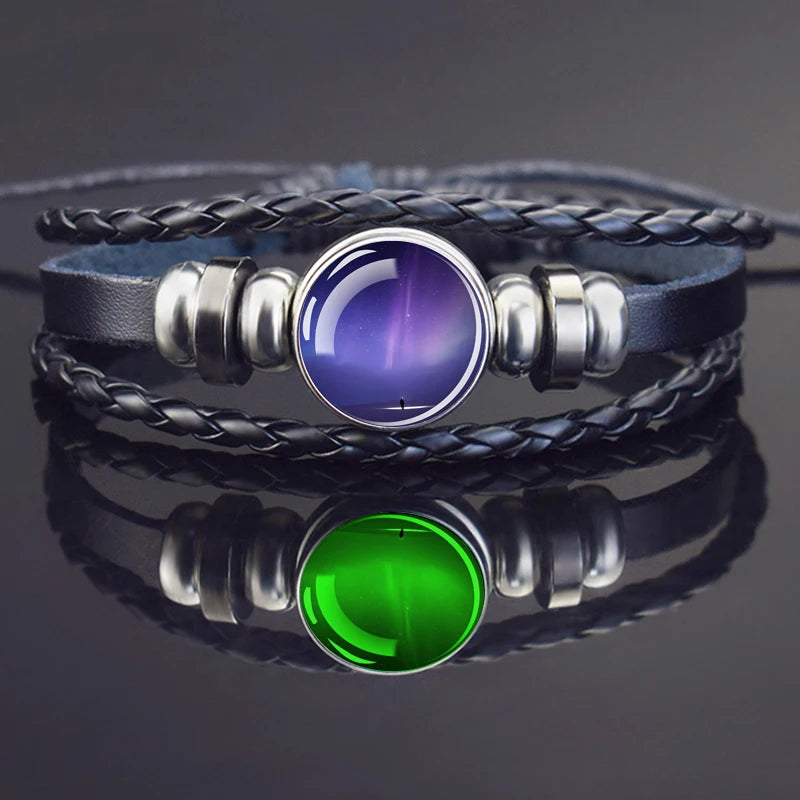 Steampunk Luminous Bracelet - Northern Lights Glass Cabochon Leather Bangle