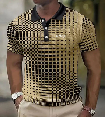 Man wearing a patterned polo shirt with a blurred background