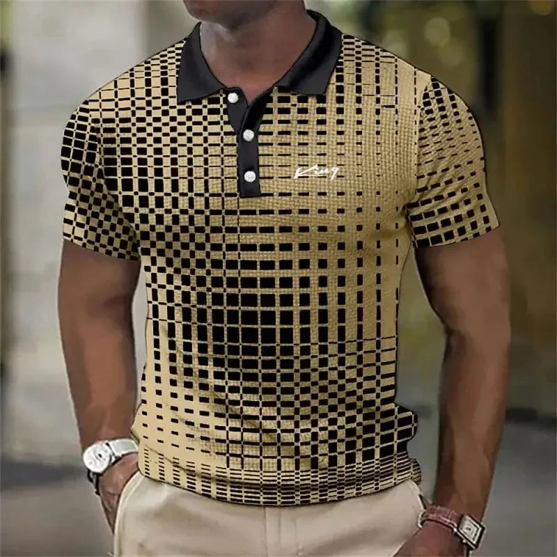 Man wearing a patterned polo shirt with a blurred background