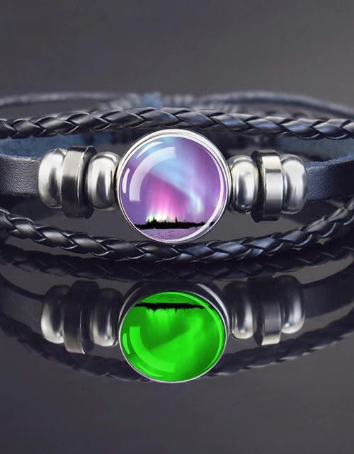 Load image into Gallery viewer, Steampunk Luminous Bracelet - Northern Lights Glass Cabochon Leather Bangle
