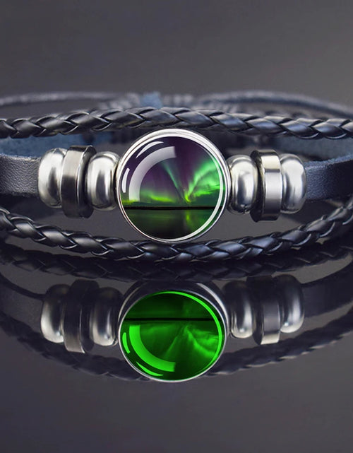Load image into Gallery viewer, Steampunk Luminous Bracelet - Northern Lights Glass Cabochon Leather Bangle
