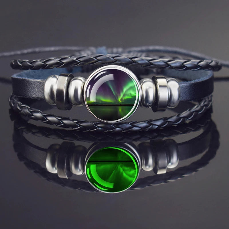 Steampunk Luminous Bracelet - Northern Lights Glass Cabochon Leather Bangle