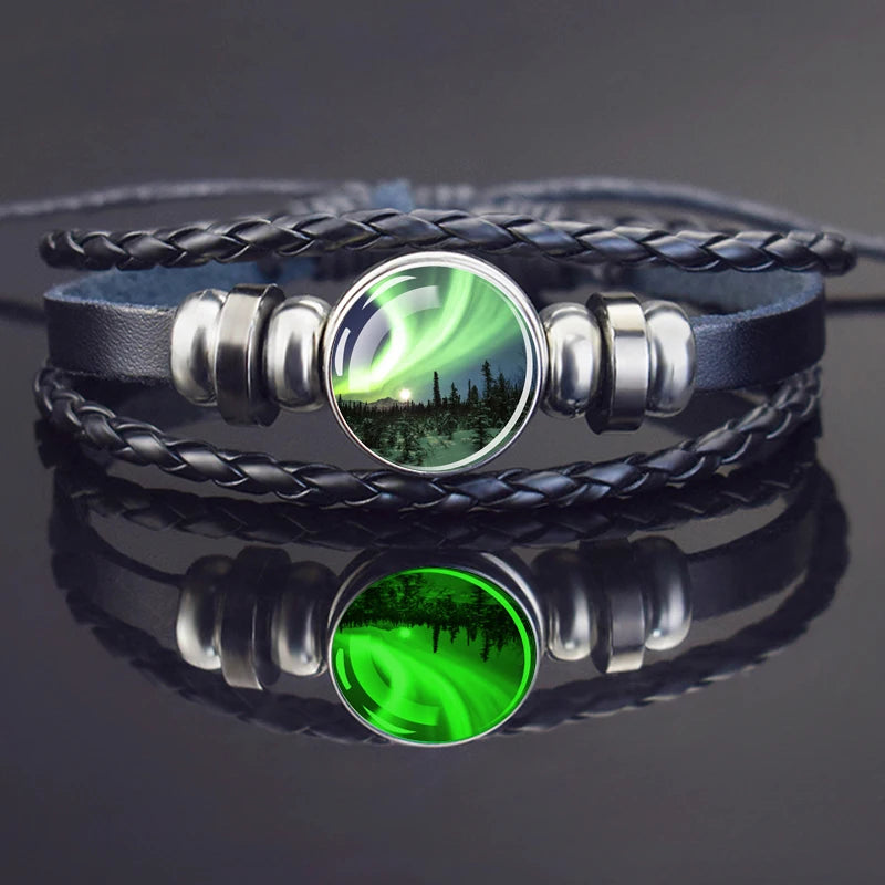 Steampunk Luminous Bracelet - Northern Lights Glass Cabochon Leather Bangle
