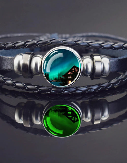 Load image into Gallery viewer, Steampunk Luminous Bracelet - Northern Lights Glass Cabochon Leather Bangle

