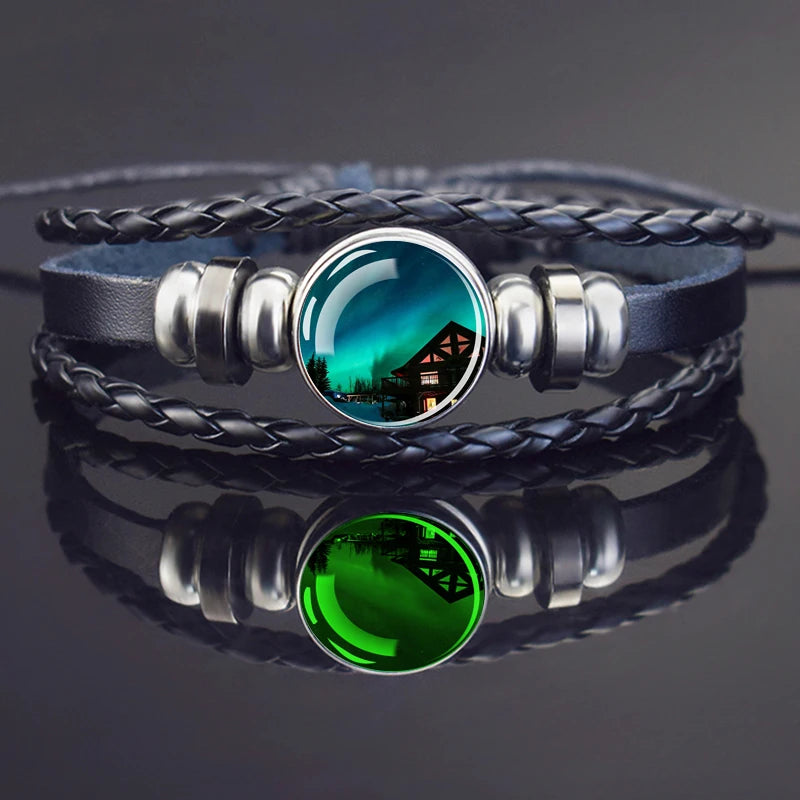 Steampunk Luminous Bracelet - Northern Lights Glass Cabochon Leather Bangle
