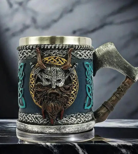 Viking Beer Glass - Valhalla Warrior Resin Stainless Steel Tankard Mug