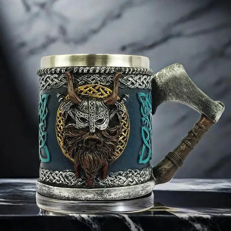 Viking Beer Glass - Valhalla Warrior Resin Stainless Steel Tankard Mug