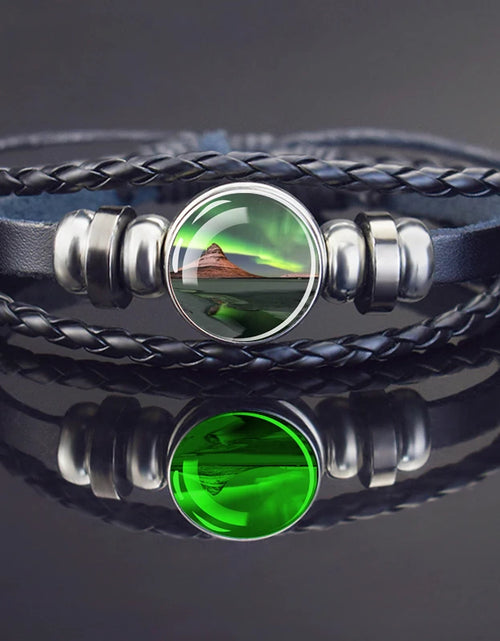 Load image into Gallery viewer, Steampunk Luminous Bracelet - Northern Lights Glass Cabochon Leather Bangle
