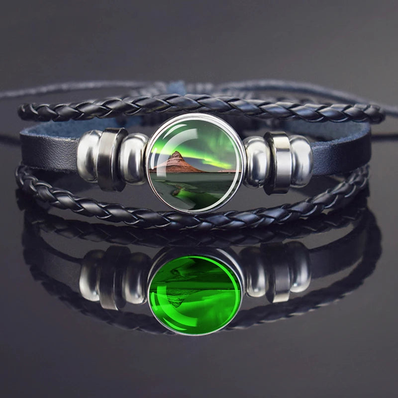 Steampunk Luminous Bracelet - Northern Lights Glass Cabochon Leather Bangle