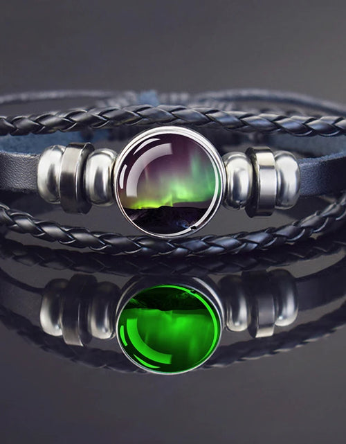 Load image into Gallery viewer, Steampunk Luminous Bracelet - Northern Lights Glass Cabochon Leather Bangle
