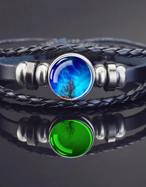 Load image into Gallery viewer, Steampunk Luminous Bracelet - Northern Lights Glass Cabochon Leather Bangle
