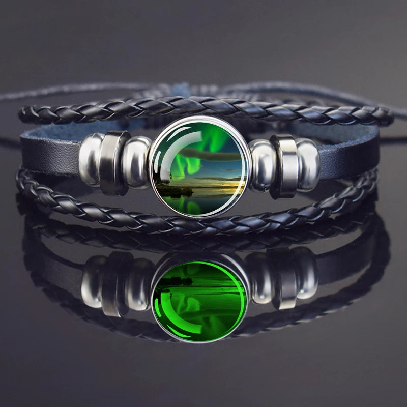 Steampunk Luminous Bracelet - Northern Lights Glass Cabochon Leather Bangle