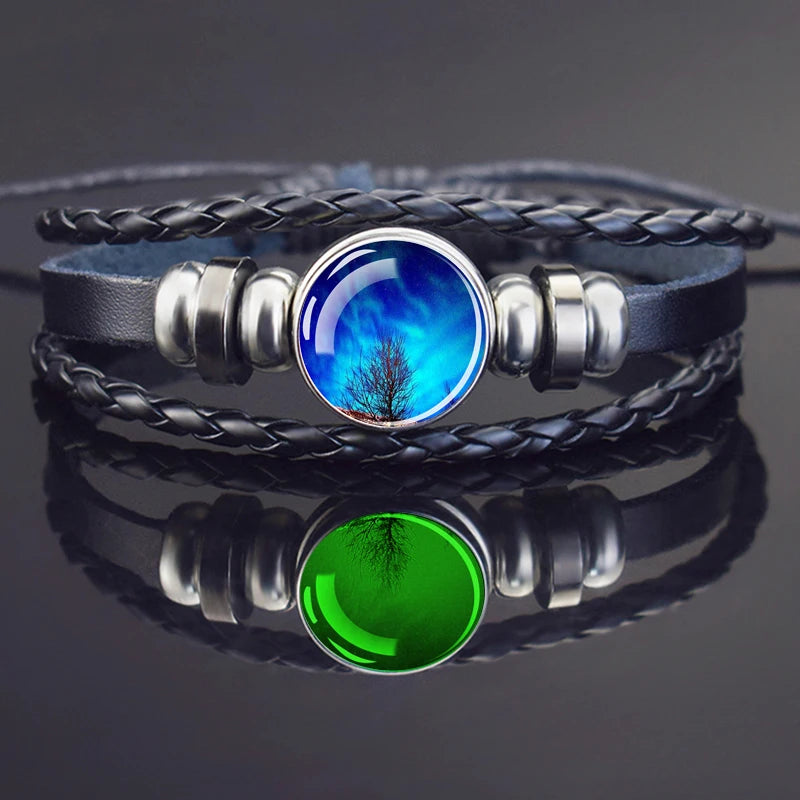 Steampunk Luminous Bracelet - Northern Lights Glass Cabochon Leather Bangle