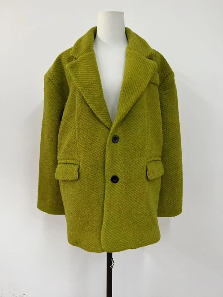 Insozkdg Mustard Green Woolen Women Jackets 2025 New Autumn Winter High-end Sense Loose Mid-length Casual Coat Women Clothing