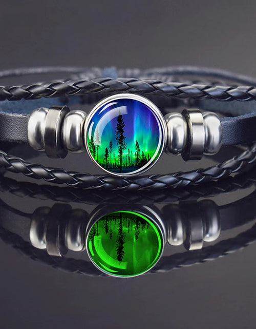 Load image into Gallery viewer, Steampunk Luminous Bracelet - Northern Lights Glass Cabochon Leather Bangle
