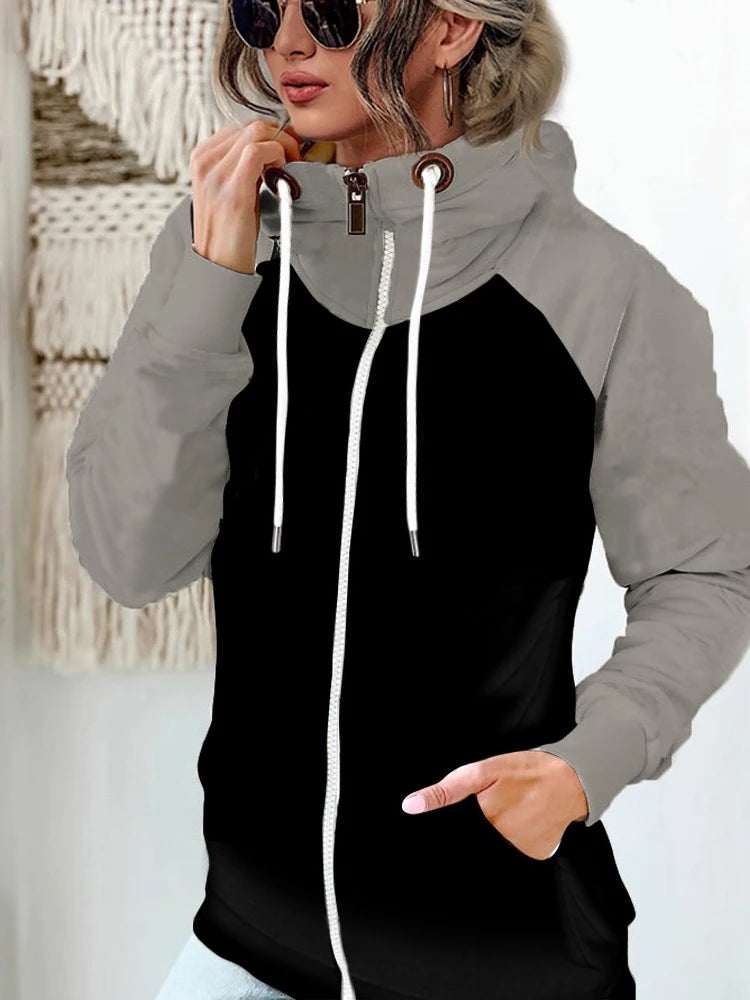 Women's Plus Size Winter Hoodie - Contrast Color Zipper Coat