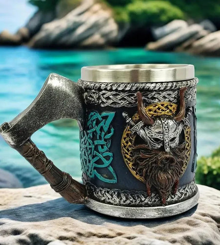 Viking Beer Glass - Valhalla Warrior Resin Stainless Steel Tankard Mug