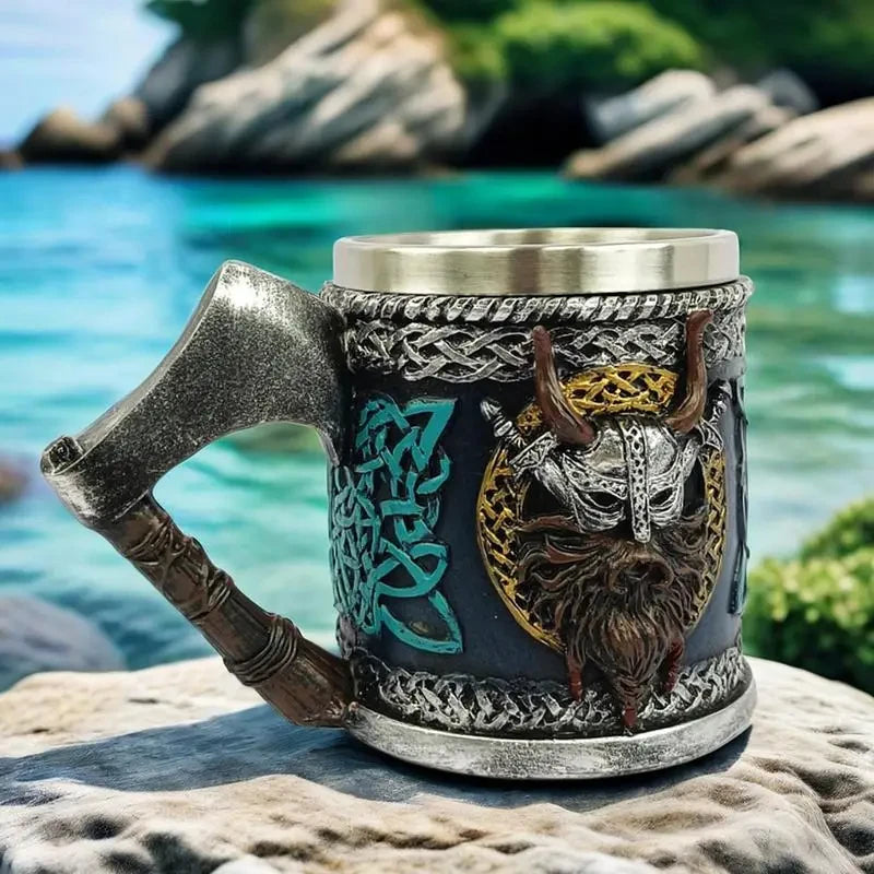 Viking Beer Glass - Valhalla Warrior Resin Stainless Steel Tankard Mug