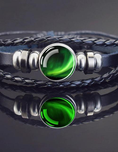 Load image into Gallery viewer, Steampunk Luminous Bracelet - Northern Lights Glass Cabochon Leather Bangle
